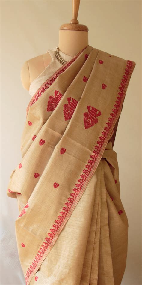 Muga Silk Saree in classic red motifs from Assam- Made to Order ...