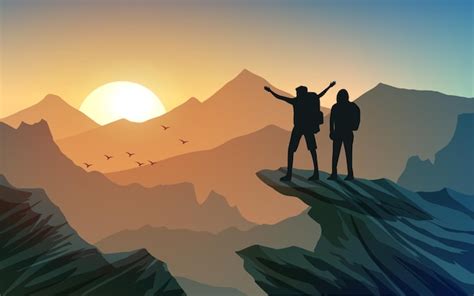 Sunset illustration with travelers on hill top | Premium Vector