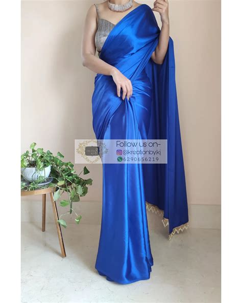 Royal Blue Satin Silk Saree With Handmade Tassels On Pallu – kreationbykj