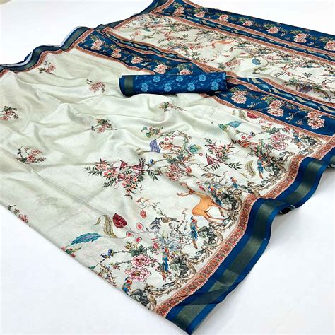 Pastel Green Majestic Floral & Birds Digital Printed Dola Silk Saree W