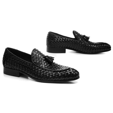 Black Braided Leather Tassel Loafer Shoes for Men | The Royale Peacock