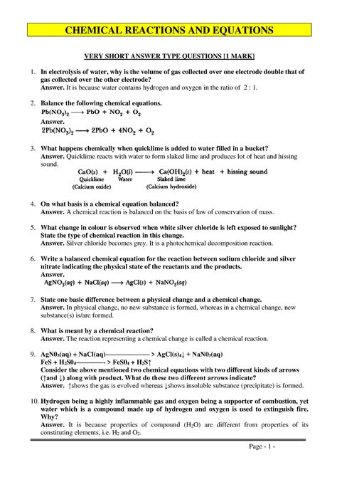 Chemical Reactions and Equations - CHEMICAL REACTIONS AND EQUATIONS VERY SHORT ANSWER TYPE ...