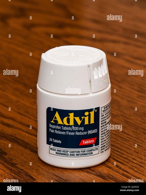 A white plastic bottle of 24 coated tablets of Advil, 200 mg Ibuprofen ...