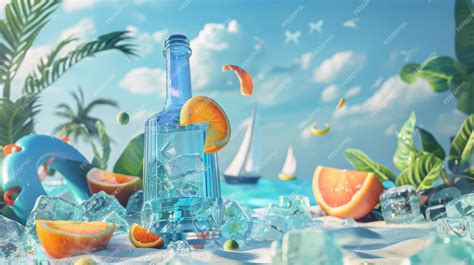 Premium Photo | Summer cocktail advertisement with blue liquor bottle ...