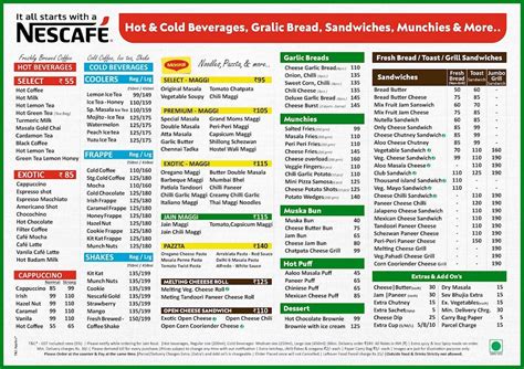 Menu at Nescafé, Rajkot, The One World