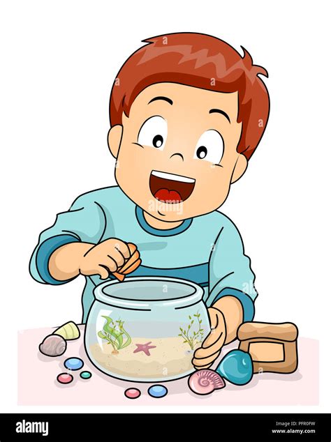 Illustration of a Kid Boy Decorating a Fish Bowl Aquarium with Shells ...