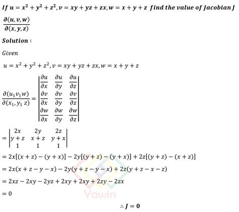 If u=x^2+y^2+z^2, v=xy+yz+zx, w=x+y+z find the value of Jacobian J del ...