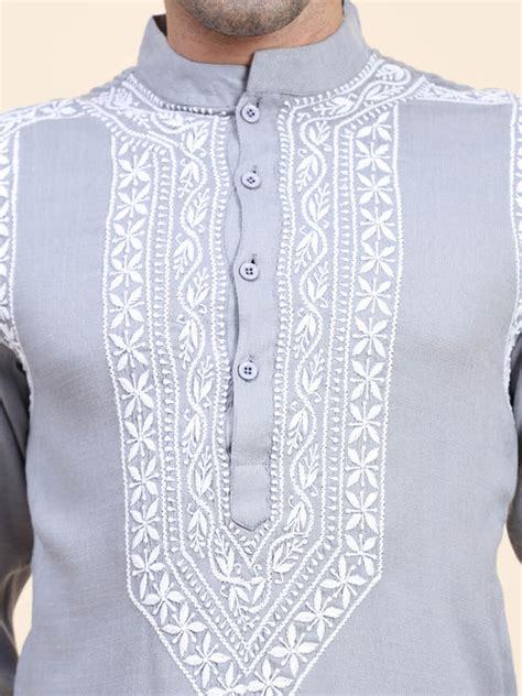 Men's Grey Chikankari Kurta in Cotton Silk - House Of Kari (Chikankari ...
