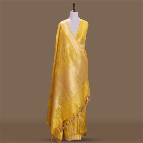 Paisley Buti Kadhwa Yellow Banarasi Handwoven Silk Saree – Warp 'n Weft