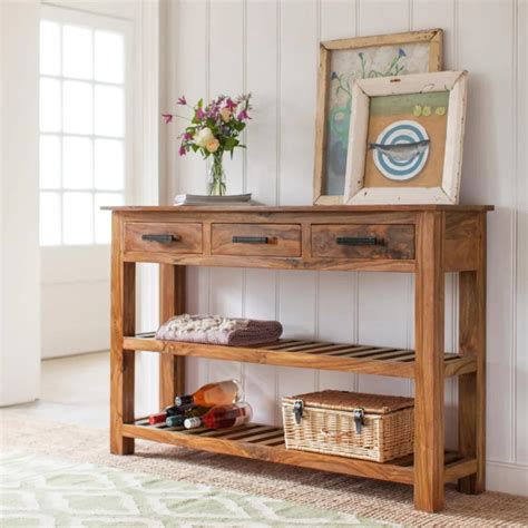 Unique Woodcraft Sheesham Wood Console Table with 3 Drawers and Shelf ...
