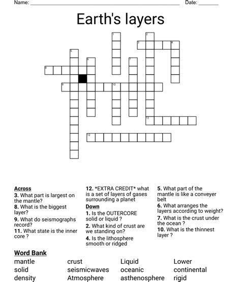 Earth Layers Science Crossword Puzzle Activity Worksheet Answer Key ...