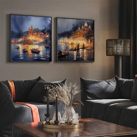 Framed Wall Art Painting Set of 2 on Canvas, Titled: Banaras Ghat ...
