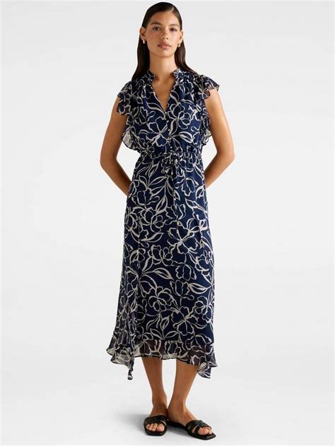 Forever New Maxwell Floral Flutter Sleeve Midi Dress, Navy, 10