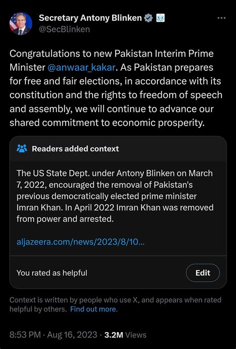 Secretary Blinken congratulatory tweet for the Pakistani interim Govt nuked by community notes ...
