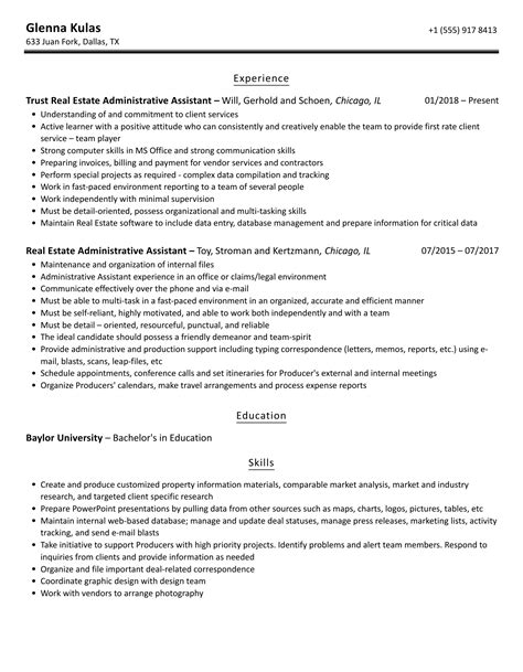 Real Estate Administrative Assistant Resume Samples | Velvet Jobs