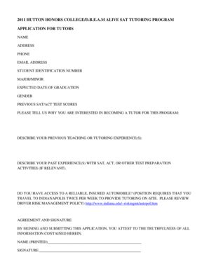 Fillable Online indiana 2011 HUTTON HONORS COLLEGE/D.R.E.A.M ALIVE SAT ...