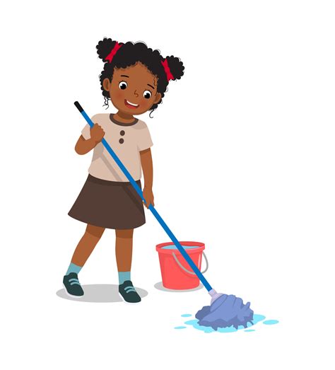 cute little African girl mopping the floor with mop and bucket doing ...