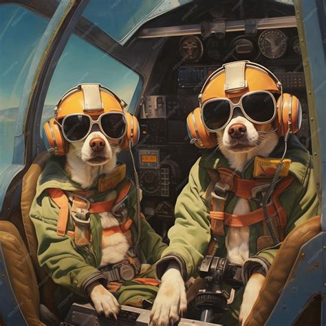 Two dogs wearing aviators sitting in a plane cockpit with their ...