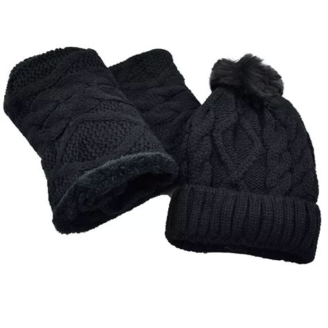 Furry Lined Beanie Pompom Hat and Scarf Set