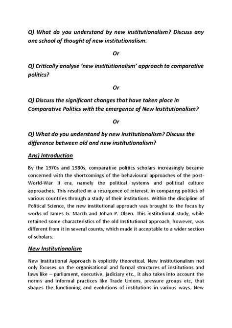 New Institutionalism pdf - Q) What do you understand by new ...