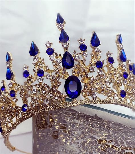 Blue crystal baroque crown victorian sapphire tiara blue pageant crown ...