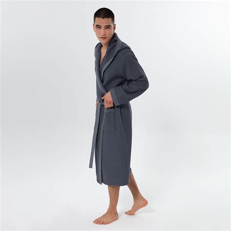 Men's Charcoal Hooded Turkish Cotton Waffle Robe | SEYANTE