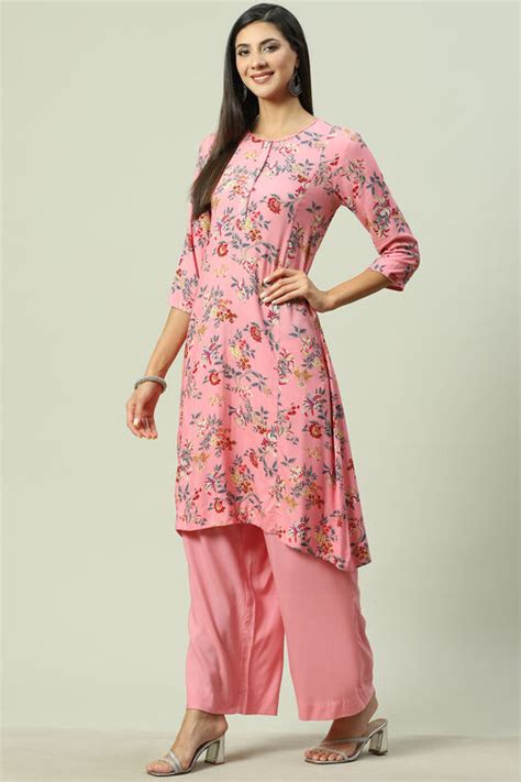 Pink Viscose A-Line Kurta Palazzo Suit Set