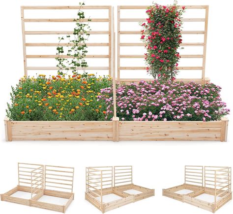 Amazon.com: HAPPYGRILL Raised Garden Bed with 3 Trellises, Outdoor Wood ...