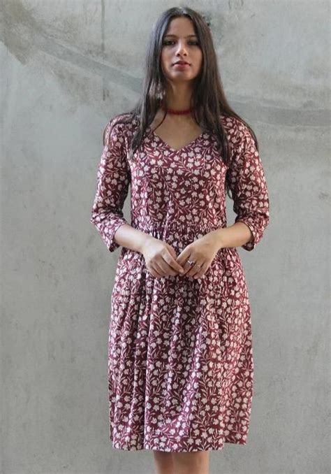 Berry Berry Floral Hand Block Printed Cotton Dress - Mogra Designs