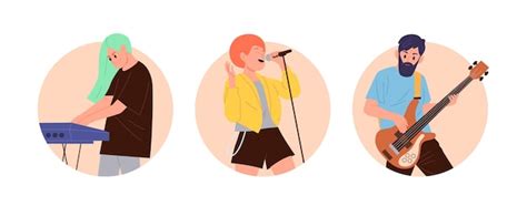 Rock band musicians isolated round composition set talented rockstar ...