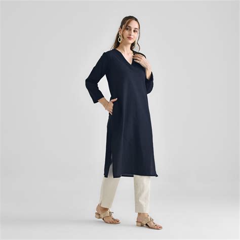 Buy Dark Navy V Neck Linen Cotton Kurta | Rustorange