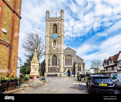 Exterior and tower of historic parish church of St Mary the Virgin in ...