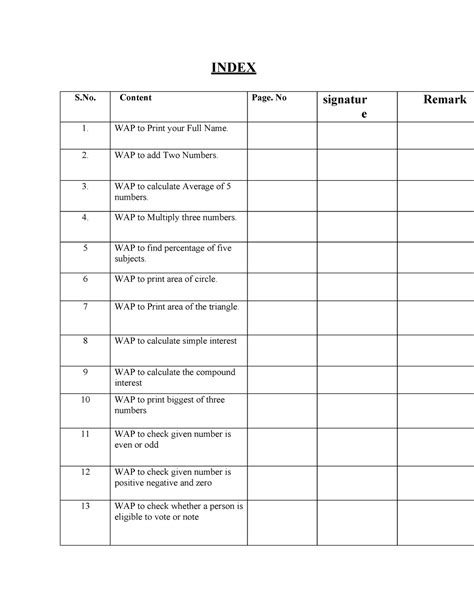 List of c programs - INDEX S. Content Page. No signatur e Remark 1. WAP ...