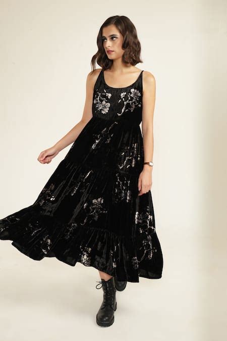 Buy Black Silk Velvet Printed Discharge Round Midi Dress For Women by ...