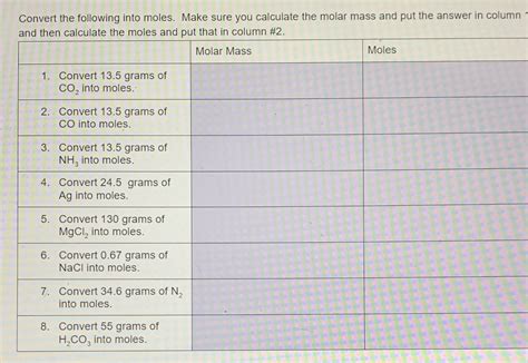 [Solved] Convert the following into moles. Make sure you calculate the ...