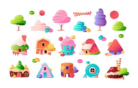 Cartoon candy city set Sprookjesachtige huizen met zoete bomen struiken ...