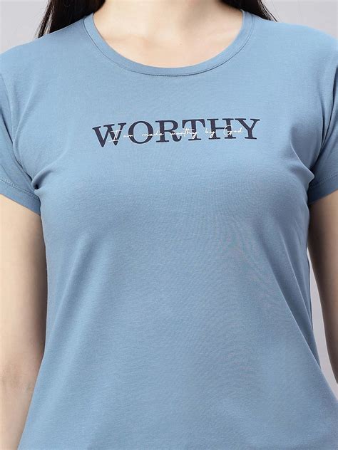 Buy Quira Women Printed Regular Fit Blue T-Shirt Online