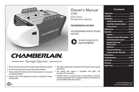Manual Chamberlain C205 Garage Door Opener