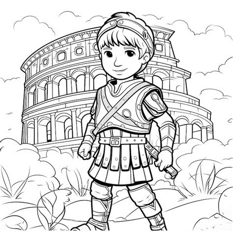 A cartoon boy in roman armor standing in front of the colossion ...