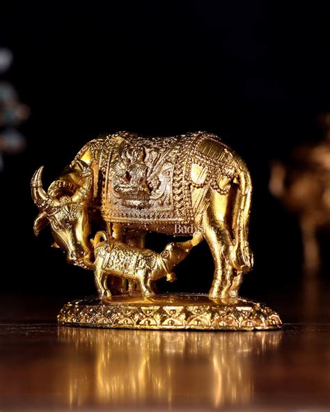 Budhshiv.com Panchaloha Bronze Kamadhenu Cow with Calf Idol | Mini 3 inch