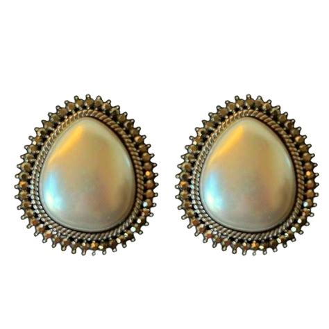Pearl Teardrop Stud Earrings For Women, 3.5 cm, Antique Gold Plated, O ...
