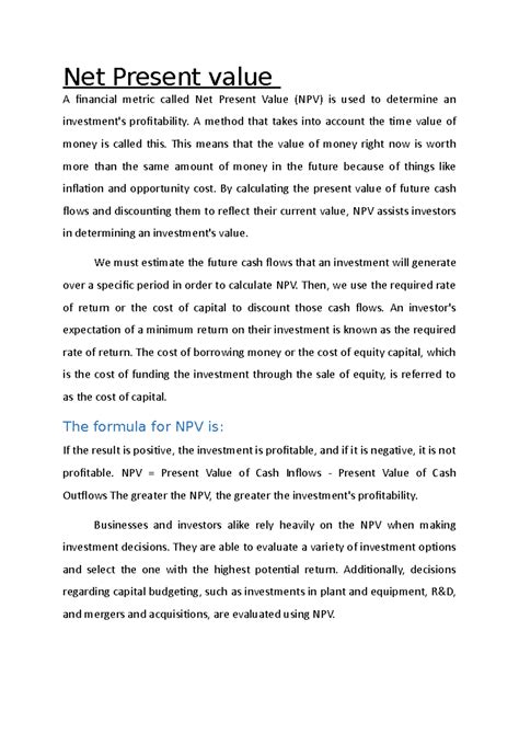Net Present value - However, using NPV comes with some drawbacks. It ...