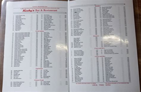 Menu at Koshy's, Bengaluru