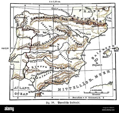 Pyrenean Peninsula, historical geographical map, topography, Madrid ...