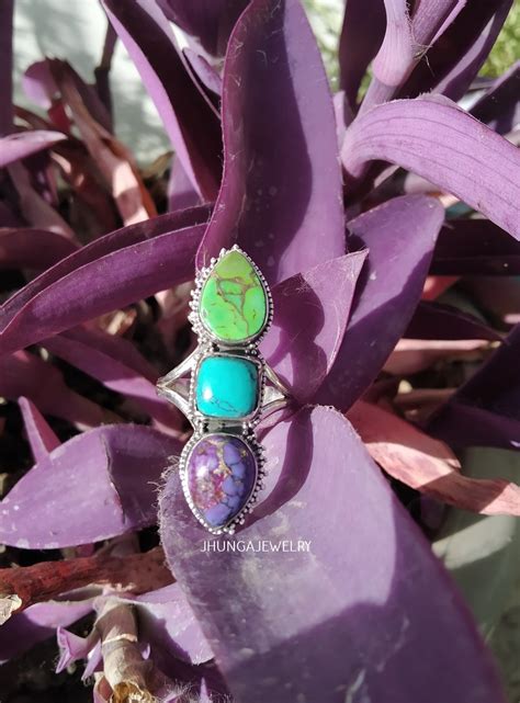 Buy Turquoise Ring, Sterling Silver, Long Ring, Three Stone Ring, Multi ...