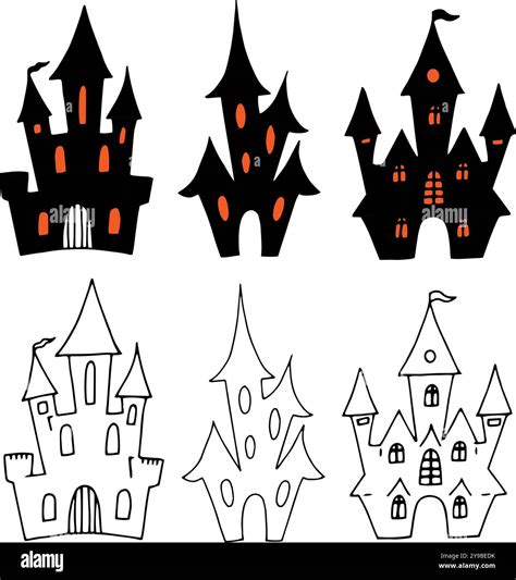 Set of haunted house silhouettes. Black and orange outline drawing for ...