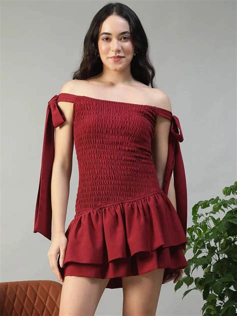 Effortless Solid Maroon Women Off Shoulder Cotton Poplin Skater Dress ...