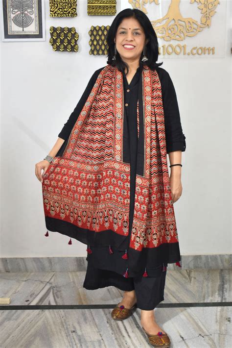 Beautiful Hand Block Printed Ajrakh Modal Silk stole with Tassels ...