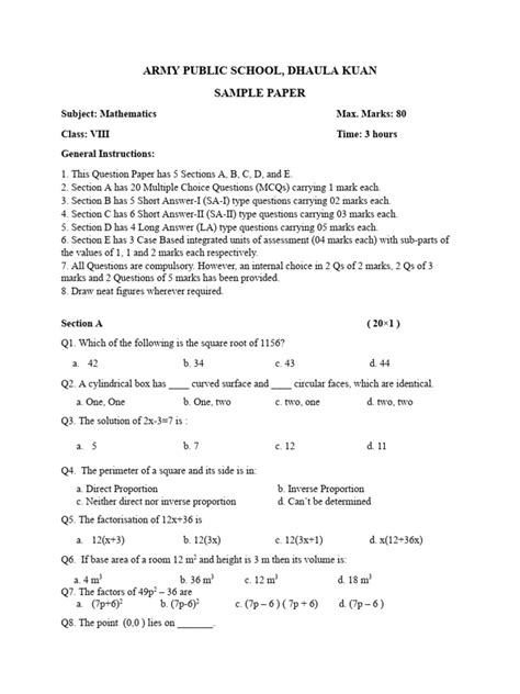 Maths Sample Paper Class 8 的图像结果