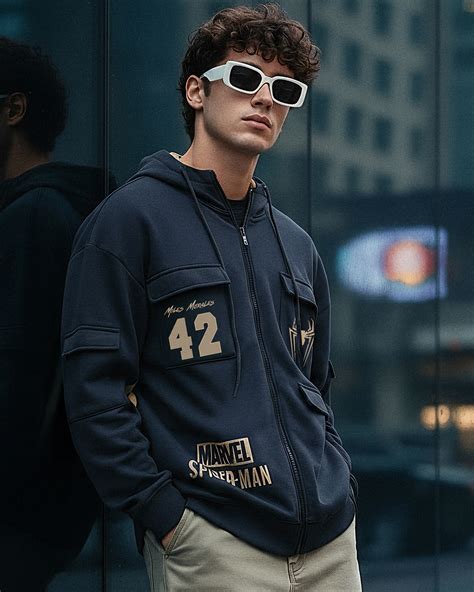 Buy Men's Navy Blue Spiderman Typography Oversized Zipper Hoodies ...